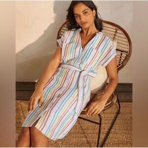 NWT Boden Evie Rainbow Striped Belted Linen Short Sleeve Shirt Dress Pockets 4P